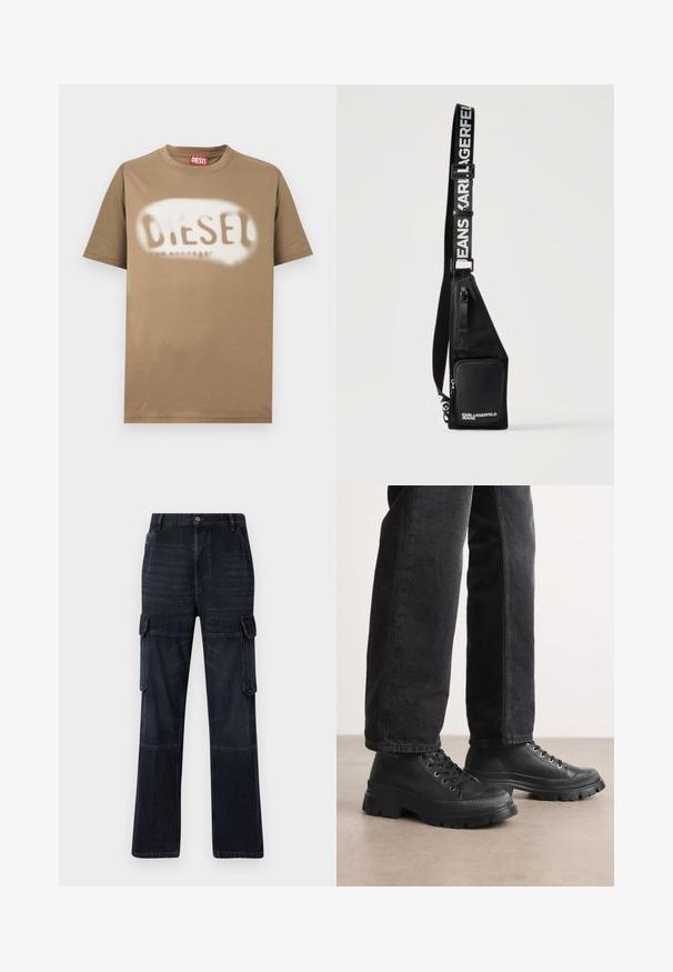 T-shirt en coton marron avec un logo "DIESEL" peint en blanc au pochoir. Col rond classique et manches courtes avec une texture lisse.; Pantalon cargo en denim foncé avec une coupe décontractée, présentant deux poches latérales, des panneaux au niveau des genoux et des coutures contrastées. Fermeture à bouton métallique à la taille.; Baskets noires à lacets avec une semelle épaisse et texturée et un dessus lisse. Comprend des œillets en métal et un accent nervuré autour de l'orteil.; Sac bandoulière noir avec poche à zip avant et sangle réglable imprimée de "KARL LAGERFELD JEANS" en lettres blanches.