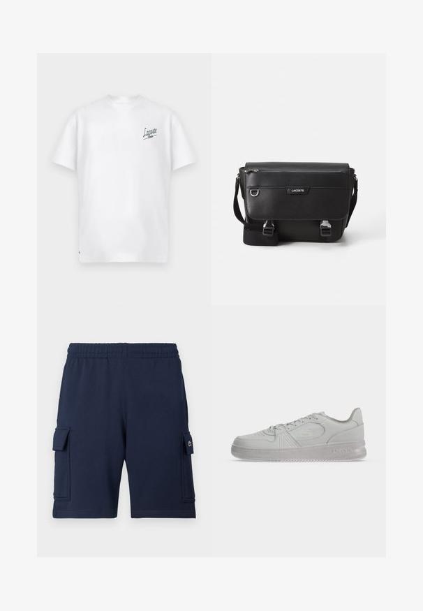 Valkoinen puuvillat-paita, jossa on pyöreä kaula-aukko ja lyhyet hihat. Vasemmassa rinnassa on vihreä "Lacoste Paris" -logo. Pehmeä pinta.; Laivastonsiniset cargo-housut pehmeästä kankaasta, joissa on joustava vyötärö, kaksi sivutaskua ja pieni logo vasemmassa taskussa.; Valkoinen matala Lacosten lenkkari nauhoilla, kohokuvioitu logo sivulla ja teksturoitu pohja yksivärisellä taustalla.; Mustat teksturoidut Lacoste-olkalaukku säädettävällä hihnalla, etuläpällä, vetoketjutaskulla ja metallisilla soljilla.