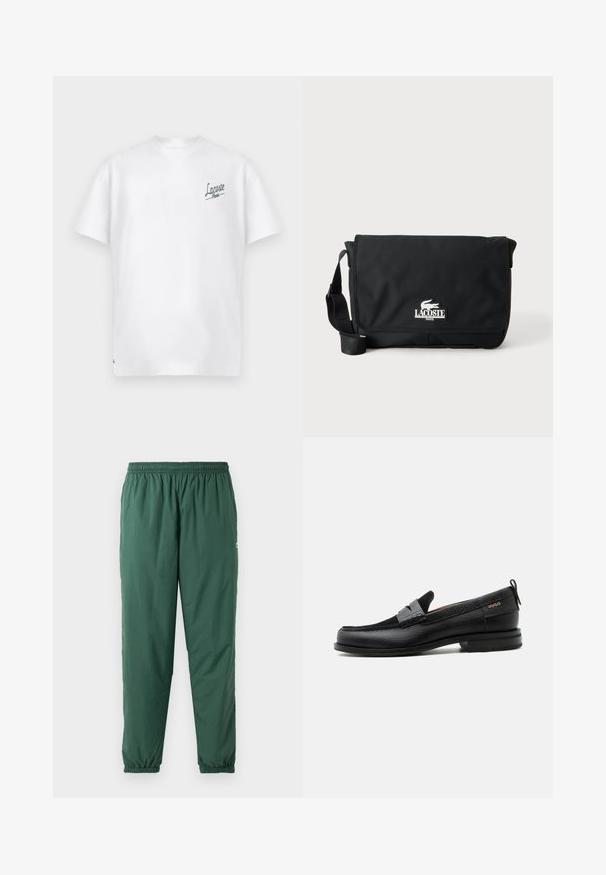 Biela bavlnená tričko s kulatým výstrihom a krátkymi rukávmi. Na ľavej strane hrudníka sa nachádza zelené logo "Lacoste Paris". Mäkka textúra.; Zelené, ľahké, elastické nohavice so sťahovacím pásom a manžetami, vyrobené z hladkého, vodoodpudivého materiálu.; Čierny kožený mokasín so sivým remienkom, nízkym podpätkom a textúrovanou podrážkou, so značkou "HUGO" v zlatej farbe na boku.; Čierna Lacoste taška cez rameno s predným chlopňou a nastaviteľným ramenným popruhom, s bielym krokodílim logom a textom "Lacoste Paris".