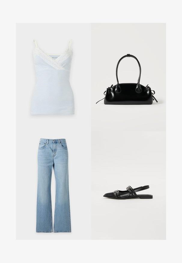 Camisole femme rayée bleu et blanc avec bordure en dentelle blanche sur le col en V et bretelles réglables.; Jean en denim bleu clair à taille haute, cinq poches, passants de ceinture, fermeture à bouton et jambes larges évasées, présenté sur un fond uni.; Even&Odd by Zalando Ballerines à brides arrière - black; Petit sac à main noir brillant avec deux longues anses et des détails à cordon sur les côtés sur un fond clair uni.