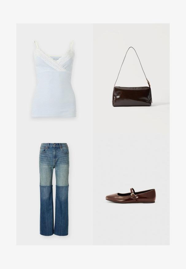 Camisole femme rayée bleu et blanc avec bordure en dentelle blanche sur le col en V et bretelles réglables.; Jean en denim bicolore avec la moitié supérieure plus claire et la moitié inférieure plus foncée, design classique à cinq poches, et coupe droite.; Ballerine en cuir verni marron avec un bout carré et une lanière ornée d'une petite boucle dorée. Texture lisse, talon bas et design minimaliste.; Sac à bandoulière rectangulaire en cuir marron foncé avec une seule sangle fine et une boucle dorée sur un fond uni.