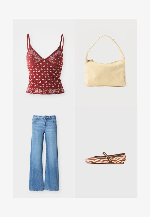Rød camisole med hvidt paisley mønster, justerbare stropper, v-udskæring og bølget kant. Fremstillet af blødt, let materiale.; Lyseblå denimjeans med høj talje, knap- og lynlåslukning, forlommer og vide ben.; Brun og hvid zebrastribet flad sko med rund tå, en lille spænde-strop og en glat tekstur med en lav hæl.; Lille beige læderhåndtaske med en enkelt rem og sølvnitter langs kanterne og remmen, sat mod en ensfarvet baggrund.