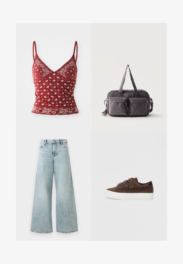 Rød camisole med hvidt paisley mønster, justerbare stropper, v-udskæring og bølget kant. Fremstillet af blødt, let materiale.; Lysblå denim bukser med bred ben og høj talje, med knaplukning, fem lommer og frynset kant.; Brune korduroy sneakers med tre velcro remme, hvid gummisål og struktureret stof for ekstra detaljer.; Mørkegrå rektangulær kordfløjlshåndtaske med to forreste lynlåslommer, to håndtag og en justerbar skulderrem på hvid baggrund.
