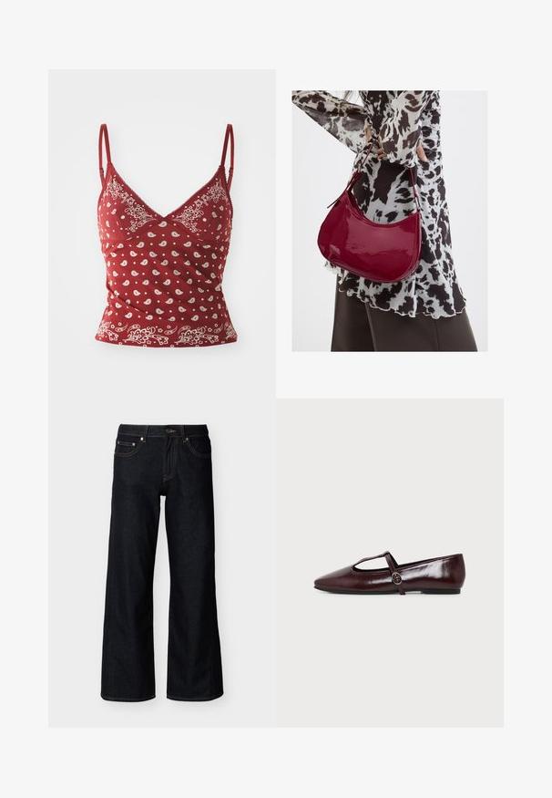 Rød camisole med hvidt paisley mønster, justerbare stropper, v-udskæring og bølget kant. Fremstillet af blødt, let materiale.; Mørkeblå jeans med brede ben, med forreste knap, lynlås og styling med fem lommer på en ensfarvet lys baggrund.; Mørk burgunderfarvet flad lædersko med spids tå og en tynd T-rem med en sølvspænde på en hvid baggrund.; Kvinde iført en sort- og hvidmønstret bluse, der holder en blank rød skuldertaske mod en ensfarvet baggrund.