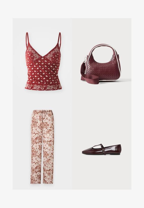 Rød camisole med hvidt paisley mønster, justerbare stropper, v-udskæring og bølget kant. Fremstillet af blødt, let materiale.; Brune snorebukser med et stort blomstermønster i hvidt og lyst brunt, lige snit, vist på en hvid baggrund.; Mørk burgunderfarvet flad lædersko med spids tå og en tynd T-rem med en sølvspænde på en hvid baggrund.; Mørkerød vævet lædertaske med buet hank, hvid kant, sølv lynlås og aftagelig bred stofskulderrem mod en ensfarvet baggrund.