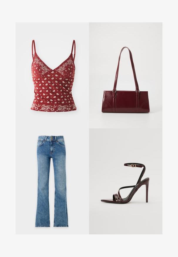 Rød camisole med hvidt paisley mønster, justerbare stropper, v-udskæring og bølget kant. Fremstillet af blødt, let materiale.; Blå denim bootcut jeans med forlommer og dobbelt knaplukning, vist fladt på en hvid baggrund.; Bordeaux laker læder højhælede sandal med ankelrem, spids tå og tre vandrette remme over foden. Detalje med spænde i guldtonet.; Bordeaux håndtaske lavet af glansfuldt materiale, rektangulær form, med to skulderremme og subtile buede detaljer på forsiden.