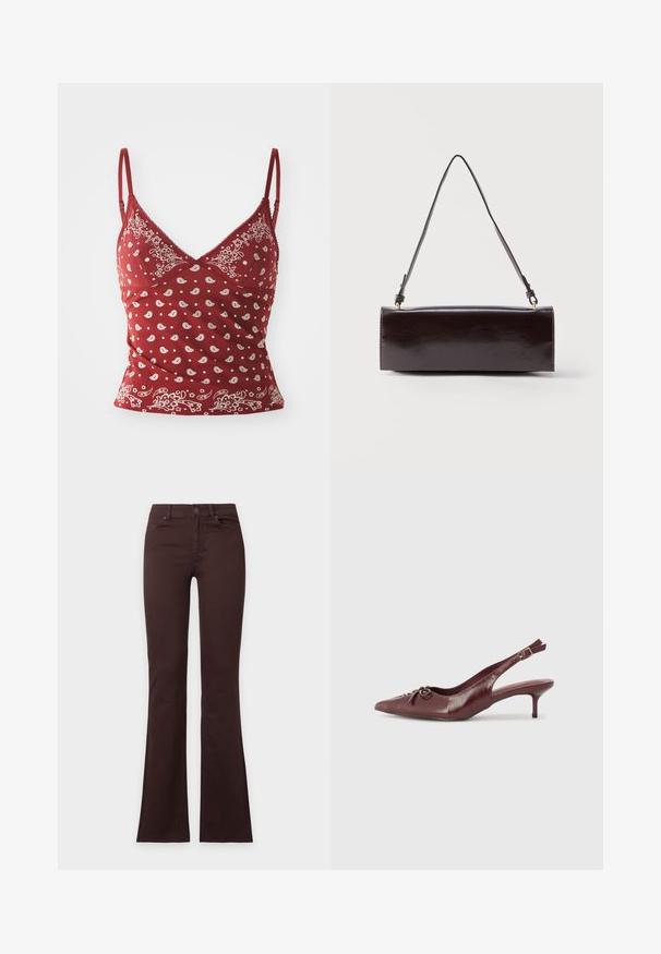 Rød camisole med hvidt paisley mønster, justerbare stropper, v-udskæring og bølget kant. Fremstillet af blødt, let materiale.; Mørkebrune bootcut-jeans med knap og lynlåslukning, for- og baglommer, vist fladt på en ensfarvet hvid baggrund.; Bordeaux læder slingback hæl med spidse tå, justerbar rem og dekorativ sløjfedetalje foran. 7,5 cm hælhøjde.; Rektangulær sort læderhåndtaske med en enkelt lang rem og blank finish, vist mod en ensfarvet hvid baggrund.