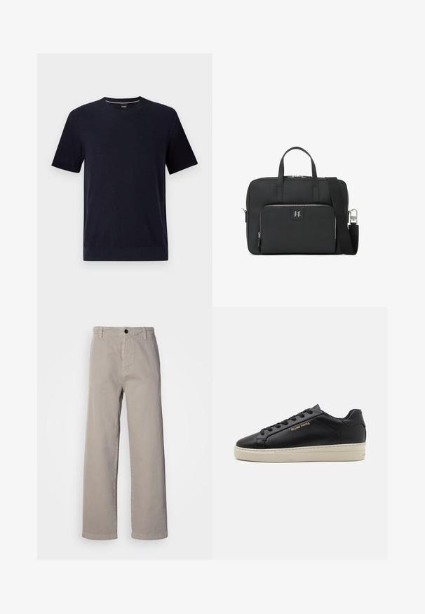 Navy kurzes T-Shirt mit Rundhalsausschnitt aus strukturiertem Strickstoff und gerippten Bündchen. Dezetes Markenetikett am Hals. Minimalistisches Design.; Beige weit geschnittene Hose aus weichem Baumwollmaterial, mit Knopfverschluss und Gürtelschlaufen. Sanfte Textur mit einem sauberen, minimalistischen Design.; Schwarze Leder-Sneaker mit glatter Oberfläche, kontrastierender cremefarbener Sohle, abgerundeter Spitze, goldfarbenem Logo an der Seite und sechs Ösen für die Schnürsenkel.; Schwarze Laptoptasche aus strukturiertem Kunstleder. Verfügt über zwei Griffe, einen abnehmbaren Schultergurt und eine Fronttasche mit Reißverschluss und Logo.