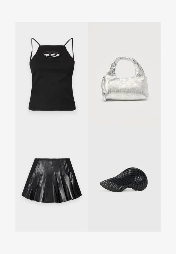 Haut sans manches noir avec des bretelles fines, présentant un détail ovale découpé au niveau de la poitrine. Fabriqué en tissu lisse et extensible.; Jupe plissée noire avec un devant en cuir brillant et une ceinture noire unie ornée d'un petit détail métallique. Des panneaux en cuir texturé rehaussent le design.; Melissa QUANTUM - Baskets basses - black; Sac à main argenté avec un motif texturé de formes géométriques et de cercles, doté d'une poignée arrondie et d'une bandoulière amovible.