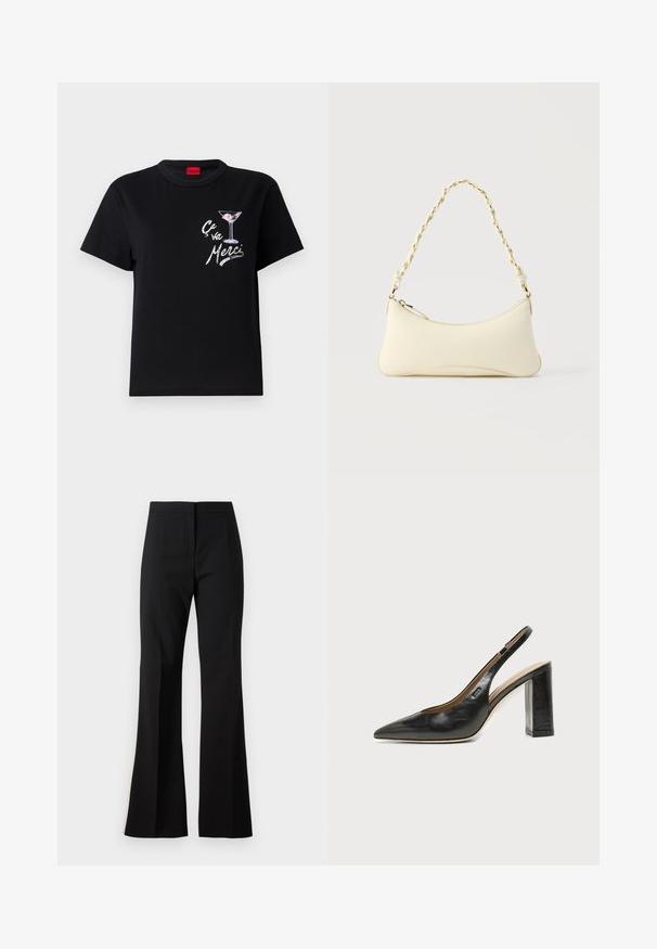 Schwarzes Baumwoll-T-Shirt mit kurzen Ärmeln, verfügt über eine weiße und rosa Grafik eines Martini-Glases und den Text "Ça va Merci" in einer verspielten Schriftart.; Schwarze ausgestellte Hose aus glattem Stoff, mit hoher Taille, vorderen Bügelfalten und sauberem Saumabschluss.; Schwarzer Leder-Slingback-Schuh mit spitzer Zehenpartie, Blockabsatz und kleinem Logo an der Seite, vor einfachem weißem Hintergrund.; Kleine handtasche in Cremefarben mit geschwungener Form und geflochtenem, goldfarbenem Kettenhenkel, Reißverschluss oben