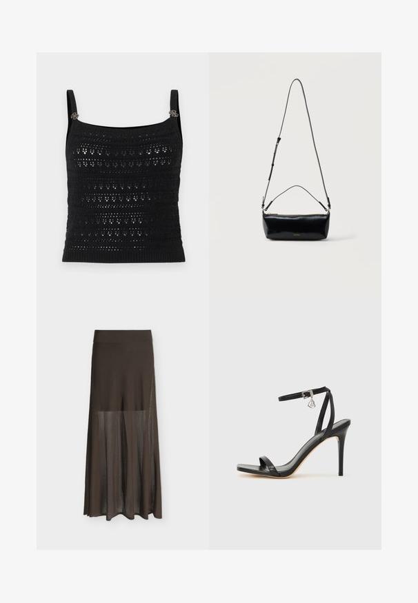Débardeur en crochet noir avec bretelles fines et petits accents décoratifs métalliques près des épaules.; Jupe longue marron semi-transparente avec taille cintrée et tissu plissé fluide sur un fond clair uni.; Sandale à talon haut noire avec une bride étroite à la cheville, bout carré, cuir lisse et accent de boucle métallique.; Sac bandoulière rectangulaire en cuir noir avec bandoulière ajustable, fermeture éclair sur le dessus et petit logo Calvin Klein doré sur le devant.
