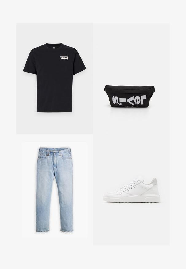 Zwarte katoenen T-shirt met korte mouwen, ronde hals en een klein wit Levi's-logo aan de voorkant links.; Lichtblauwe denim jeans met een recht model, vijf zakken en contrasterende stiksels. Knopen- en ritssluiting bij de taille.; Witte leren sneakers met een gladde afwerking, ronde neus, platte veters en een gestructureerde zool. Grijze suède accent bij de hiel.; Zwarte stoffen tas met een platte vorm, voorzien van vet witte tekst. De ritssluiting bevindt zich aan de bovenkant, met een lus-detail aan één kant.