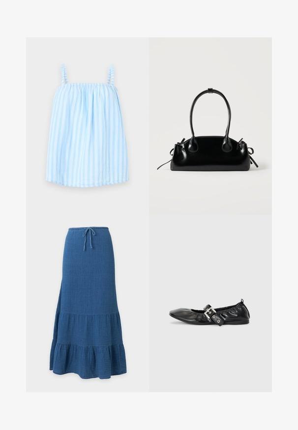 Haut sans manches bleu clair avec des rayures blanches verticales et un col élastique froncé.; Jupe longue bleue avec ourlet à volants superposés et taille à cordon en tissu texturé.; Chaussure plate en cuir noir avec un nez pointu, des détails froncés autour de l'ouverture et un accent en boucle argentée sur la bride ajustable.; Petit sac à main noir brillant avec deux longues anses et des détails à cordon sur les côtés sur un fond clair uni.