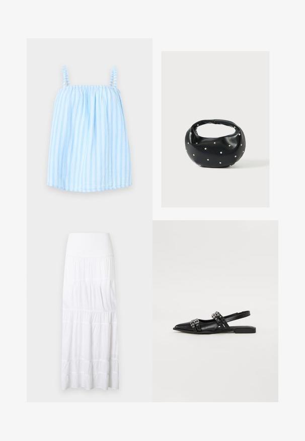 Haut sans manches bleu clair avec des rayures blanches verticales et un col élastique froncé.; Jupe maxi blanche à volants, réalisée en tissu léger. Elle présente une ceinture élastique et une texture subtile avec des coutures horizontales.; Even&Odd by Zalando Ballerines à brides arrière - black; Sac à main en cuir noir de forme arrondie, décoré de clous argentés et équipé d'une poignée courte. Texture lisse et fermeture éclair.