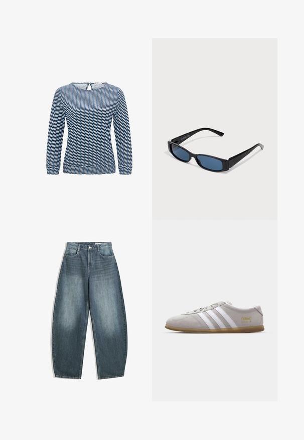 Langemouwige top met een geometrisch patroon in blauw en zwart. Gemaakt van lichte stof, met een ronde hals en een sleutelgatdetail op de rug.; Lichtblauwe denim wijde pijpen jeans hebben een hoge taille, vijf zakken, subtiele vervaging en stikselaccenten langs de naden.; Grijze suede sneaker met witte leren strepen en gouden logo detail. Platte gum zool, ronde neus en klassiek vetersluitingssysteem.; Zwarte zonnebril met een slank rechthoekig frame en blauwe lenzen. Heeft een gladde textuur en stevige pootjes. Merklogo aan de zijkant.