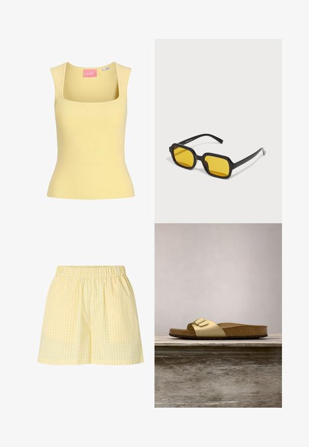 Débardeur sans manches en maille côtelée jaune pâle avec encolure carrée et taille ajustée, taille petite, fabriqué au Bangladesh.; Short vichy jaune et blanc avec taille élastique, coupe décontractée et ouvertures de jambes droites.; Sandale glissante synthétique dorée avec une seule sangle et un accent de boucle, dotée d'un pied en liège brun et d'une semelle en caoutchouc texturé.; Lunettes de soleil rectangulaires noires avec des verres jaunes. Les caractéristiques incluent des montures épaisses et un design anguleux avec une finition lisse et brillante.
