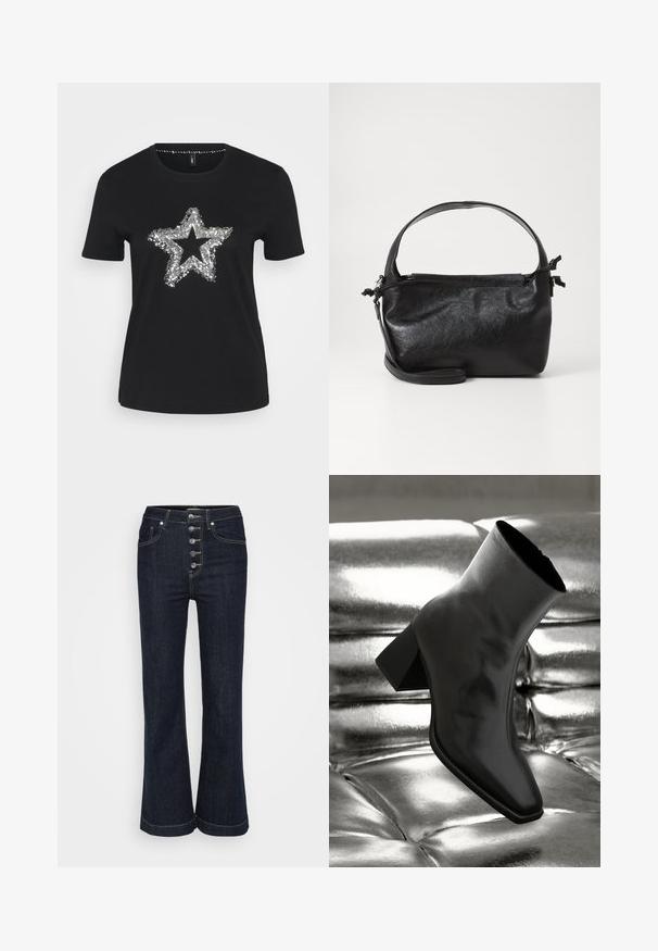 Sort T-shirt lavet af bomuld med et sølvfarvet palietstjernemotiv foran. Kortærmet og med rund halsudskæring.; Mørkeblå højtaljede flare jeans med fem sølvknapper foran og kontrastbroderi rundt om lommer og sømme.; Sorte ankelstøvler lavet af glossy materiale med firkantet tå og spidse hæle, sat mod en skinnende sølv tuftet baggrund.; Sort læderhåndtaske med et struktureret design, rund tophåndtag og aftagelig skulderrem. Den har en glat tekstur og en subtil glans.