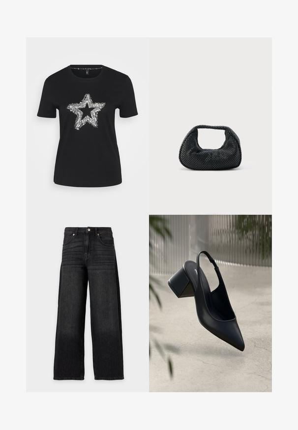 Schwarzes T-Shirt aus Baumwolle mit einem silbernen Paillettenstern-Design auf der Vorderseite. Kurze Ärmel und runder Ausschnitt.; Schwarze Jeans mit weitem Bein, hoher Taille, Knopf- und Reißverschluss, Vordertaschen und dezenten Ausbleichungen.; Schwarze Leder-Slingback-Pumps mit spitzem Zehenbereich und Blockabsatz. Glatte Textur, minimalistisches Design und verstellbarer Knöchelriemen.; Schwarze gewebte Hobo-Tasche mit weicher Struktur und integriertem Griff, dargestellt vor einem schlichten hellen Hintergrund.