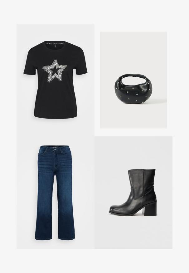 Sort T-shirt lavet af bomuld med et sølvfarvet palietstjernemotiv foran. Kortærmet og med rund halsudskæring.; ONLY Petite ONLMADISON BLUSH WIDE - Wide leg - dark blue denim; Sort læderankelstøvle med rundet tå, sidesømme og en chunky blokhælk. Glat tekstur og minimalistisk design.; Sort læderhåndtaske med en rundet form, dekoreret med sølvnitter, og et kort håndtag. Glat tekstur og lynlåslukning.