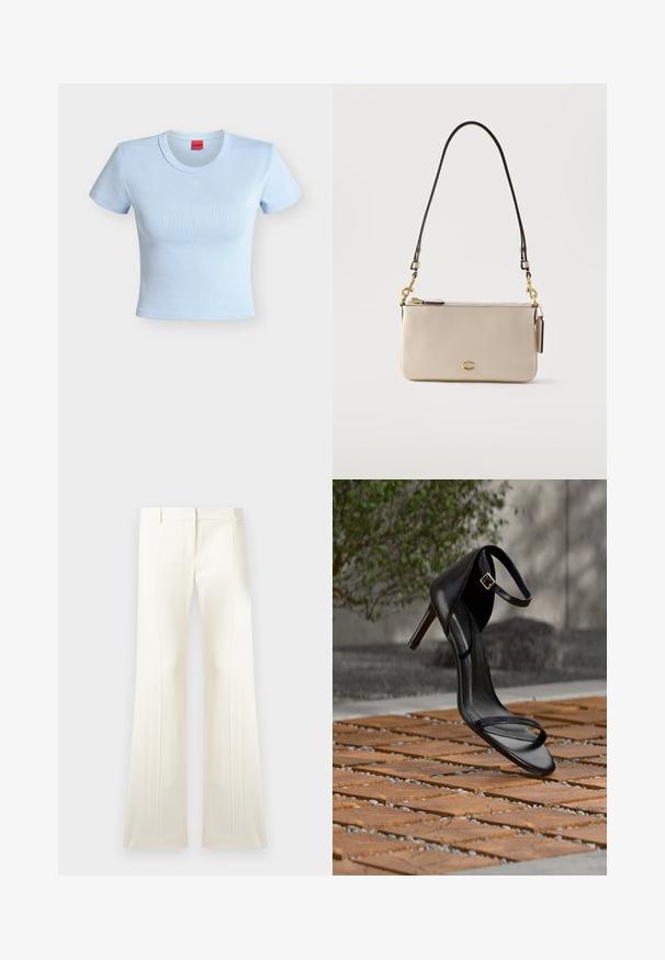 Crop top femme ajusté bleu clair à manches courtes, col rond et logo "HUGO" embossé sur la poitrine.; Pantalon blanc taille haute, à jambes larges, avec plis sur le devant, passants pour ceinture et fermeture éclair dissimulée à l'avant.; Sandale noire à talon haut avec sangle à la cheville, suspendue au-dessus d'un sol en carreaux de bois à l'extérieur, avec un arrière-plan flou de verdure et de pierre.; Sac à bandoulière rectangulaire en cuir beige avec une fermeture éclair dorée, un petit logo doré, et une sangle noire réglable avec des fermoirs dorés.