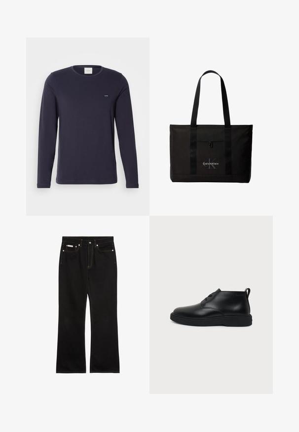 Námornícky modré tričko s dlhým rukávom z bavlny, s okrúhlym výstrihom a minimalistickým logom Calvin Klein na hrudi. Hladká textúra a priliehavý strih.; Čierne rovné rifle s oranžovým prešitím, piatimi vreckami, zapínaním na gombíky a malou značkou Calvin Klein na pravom prednom vrecku.; Čierna kožená členková šnurovacia obuv s hrubou gumovou podrážkou a ťahacím pútkom na päte, zobrazená v bočnom profile na jednofarebnom pozadí.; Čierna taška Calvin Klein typu tote s dvoma dlhými rúčkami a predným vreckom, s logom značky v bielej a sivej farbe.