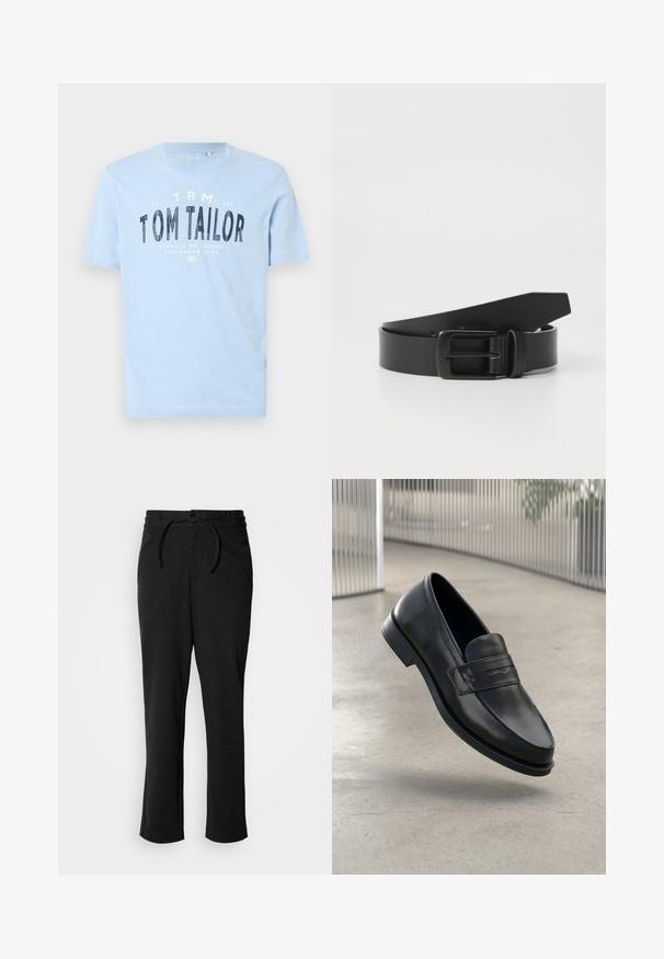 Lichtblauwe katoen t-shirt met een ronde halslijn en korte mouwen. Het heeft vetgedrukte zwarte tekst: "TOM TAILOR" en extra merkdetails.; Zwarte gebreide broek met een trekkoord in de taille, rechte pijpen en zijzakken. Zachte textuur met een gladde afwerking.; Zwarte leren loafer met een gladde textuur, spitse neus en een decoratieve band over de wreef. Lichtgewicht zool, minimalistisch ontwerp.; Zwarte leren riem met een matte zwarte metalen gesp, met een gladde textuur en eenvoudig ontwerp. Verstelbare lengte met een taps toelopend uiteinde.