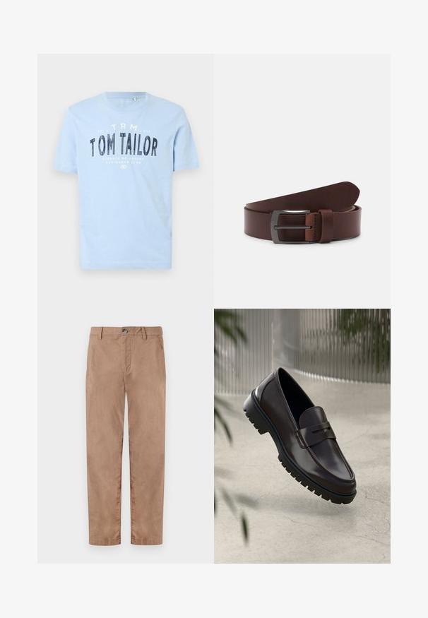 Lyseblå bomulds t-shirt med rund halsudskæring og korte ærmer. Den har kraftig sort trykt tekst: "TOM TAILOR" samt yderligere brandingdetaljer.; TOM TAILOR REGULAR WASHED - Chino - caribou beige; Brune læder loafers med en tekstureret, rippet gummisål. Har et slankt design og et dekorativt bånd over vristen.; Brun læderbælte med en glat tekstur, der har en buet spids og en rektangulær metalspænde i en mørk finish.