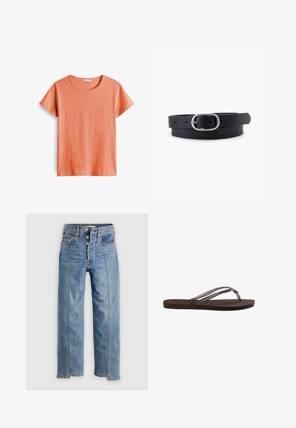 Kurzärmliges T-Shirt in hellem Koralle, aus weicher Baumwolle gefertigt, mit rundem Halsauschnitt und glatter Textur ohne Muster oder Akzente.; Hellblaue Jeans aus Denim mit geradem Bein, Knopfleiste, Fronttaschen, sichtbaren Nähten und kontrastierenden Seitenpaneelen.; Braune Gummi-Zehentrenner mit profilierter Sohle und dünnen Riemen mit kleinem dekorativem Metall-Detail an der Seite.; Schwarzer Leder Gürtel mit glatter Textur, ovaler silberner Metallschnalle und mehreren Einstelllöchern entlang des Riemens. Flaches, minimalistisches Design.
