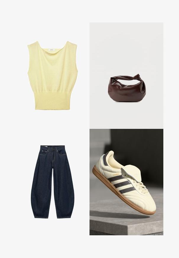Haut sans manches en tricot jaune pâle avec une large ceinture côtelée et un col rond légèrement drapé.; Jean en denim bleu foncé à jambes larges avec poches avant, passants de ceinture et fermeture par bouton à la taille.; Baskets en cuir crème avec trois bandes sombres, une semelle extérieure en gomme marron et un bout arrondi. Présentent une languette pliable étiquetée "SAMBA."; Sac bandoulière en cuir marron foncé avec une forme souple et décontractée et une anse nouée torsadée sur un fond blanc uni.