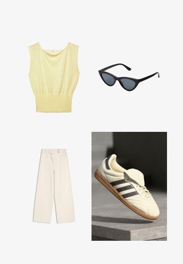 Haut sans manches en tricot jaune pâle avec une large ceinture côtelée et un col rond légèrement drapé.; Pantalon large couleur écru avec poches avant, passants pour ceinture, et boutons argentés sur la ceinture et les bords des poches.; Baskets en cuir crème avec trois bandes sombres, une semelle extérieure en gomme marron et un bout arrondi. Présentent une languette pliable étiquetée "SAMBA."; Lunettes de soleil noires en forme d'œil de chat avec des verres gris foncé, monture en plastique élégante, coins pointus et branches droites. Pas de métal visible ni d'accents.
