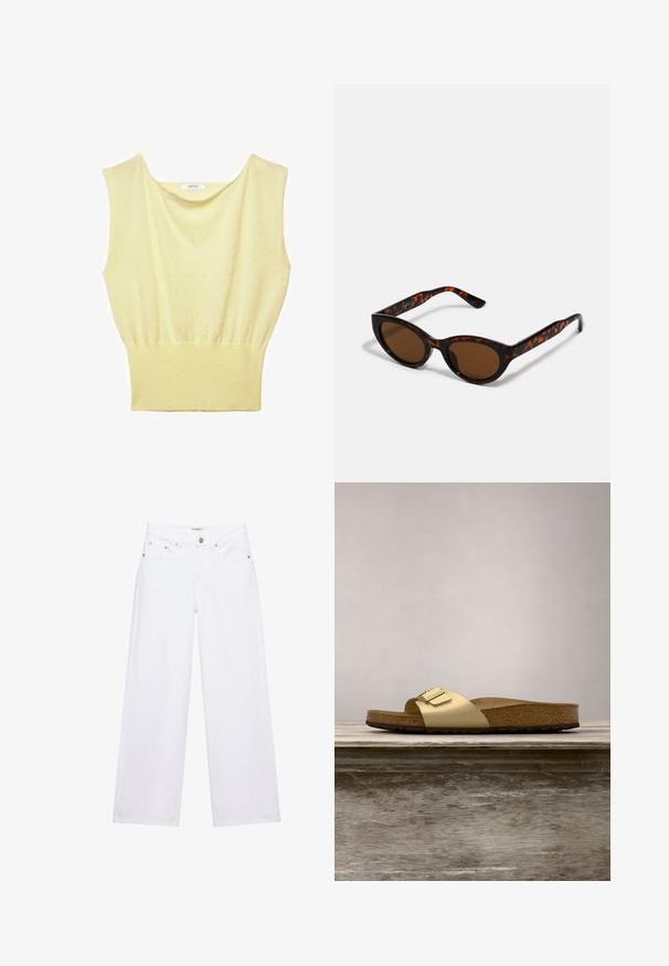 Haut sans manches en tricot jaune pâle avec une large ceinture côtelée et un col rond légèrement drapé.; Jean blanc taille haute à jambes larges avec fermeture à boutons et zip, poches avant et arrière, et détails en rivets argentés.; Sandale glissante synthétique dorée avec une seule sangle et un accent de boucle, dotée d'un pied en liège brun et d'une semelle en caoutchouc texturé.; Lunettes de soleil en écaille de tortue marron avec une forme vintage de lunettes cat-eye et des verres marron. Présente des branches courbées avec des accents rouges.