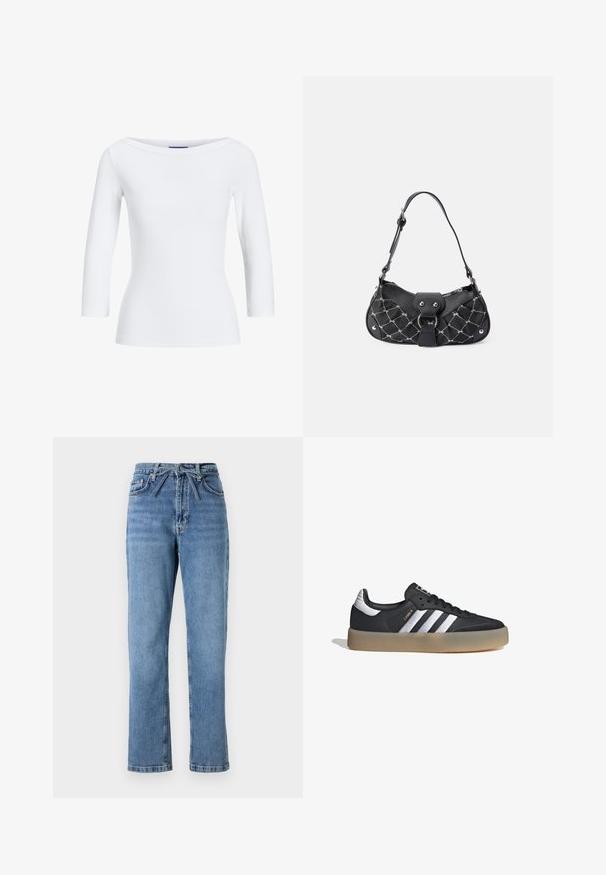 Top blanco de manga larga con cuello barco. La tela es suave, ajustada y presenta un acabado limpio en los puños y el dobladillo.; Jeans de mezclilla azul claro con corte recto, de talle alto, con un lazo frontal y diseño clásico de cinco bolsillos. Superficie texturizada con un ligero desvanecimiento.; Zapatilla deportiva de cuero negro con tres rayas plateadas, punta texturizada y suela de goma. Cuenta con un collar acolchado y un diseño con cordones.; Bolso negro con textura acolchada, que presenta herrajes plateados, una forma curvada y una sola correa ajustable. Cierre de cremallera en la parte superior.