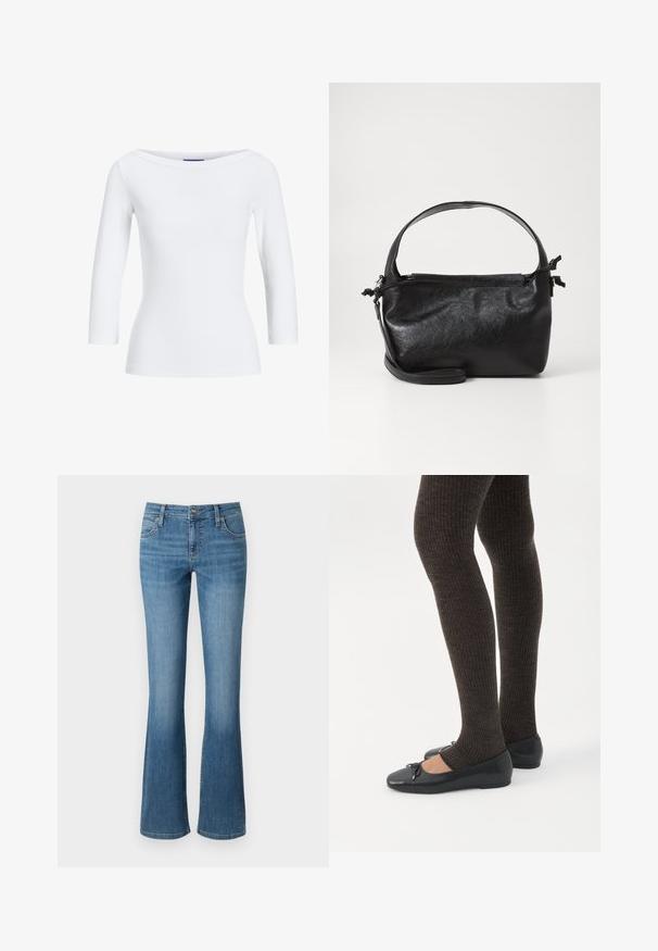 Hvid, ribbet langærmet top med bådudskæring. Stoffet er glat, tætsiddende og har en ren afslutning ved manchetterne og kanten.; Udfoldede blå jeans lavet af denim, med høj talje, fem lommer og subtil slid ved låret, samt syede sømme.; Ben iført mørke ribbede leggings kombineret med sorte balletsko med små sløjfedetaljer på hvid baggrund.; Sort læderhåndtaske med et struktureret design, rund tophåndtag og aftagelig skulderrem. Den har en glat tekstur og en subtil glans.