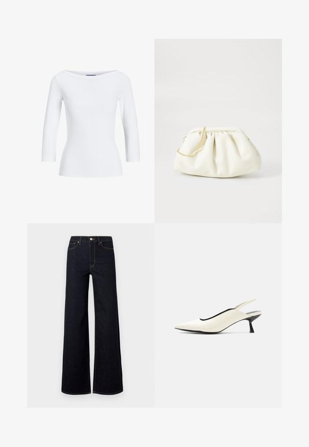 Top blanco de manga larga con cuello barco. La tela es suave, ajustada y presenta un acabado limpio en los puños y el dobladillo.; Pitillos de mezclilla anchos de color azul oscuro, con una cintura alta, costuras en contraste y un solo botón de metal en la parte frontal.; Zapato slingback de punta puntiaguda color crema con tacón bajo tipo gatito negro y acabado en cuero liso sobre fondo blanco.; Bolso de mano de cuero blanco con un diseño recogido, cuenta con una cadena dorada y forma redondeada. Textura suave con pliegues suaves y sin patrones.