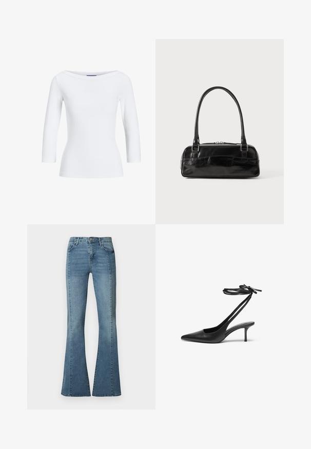 Hvid, ribbet langærmet top med bådudskæring. Stoffet er glat, tætsiddende og har en ren afslutning ved manchetterne og kanten.; Lyseblå denim flare jeans med glat tekstur, fem-lomme-design, forreste knaplukning og syningsdetaljer langs sømmene.; Sorte læder stiletto sko med spids tå, åben bag, og ankelstropper bundet i en sløjfe. Slank 3-tommers hæl. Glat overflade, minimalistisk design.; Sort læderhåndtaske med rektangulær form, der har et enkelt struktureret håndtag, sølvhardware og lynlås-lukning. Glat tekstur.