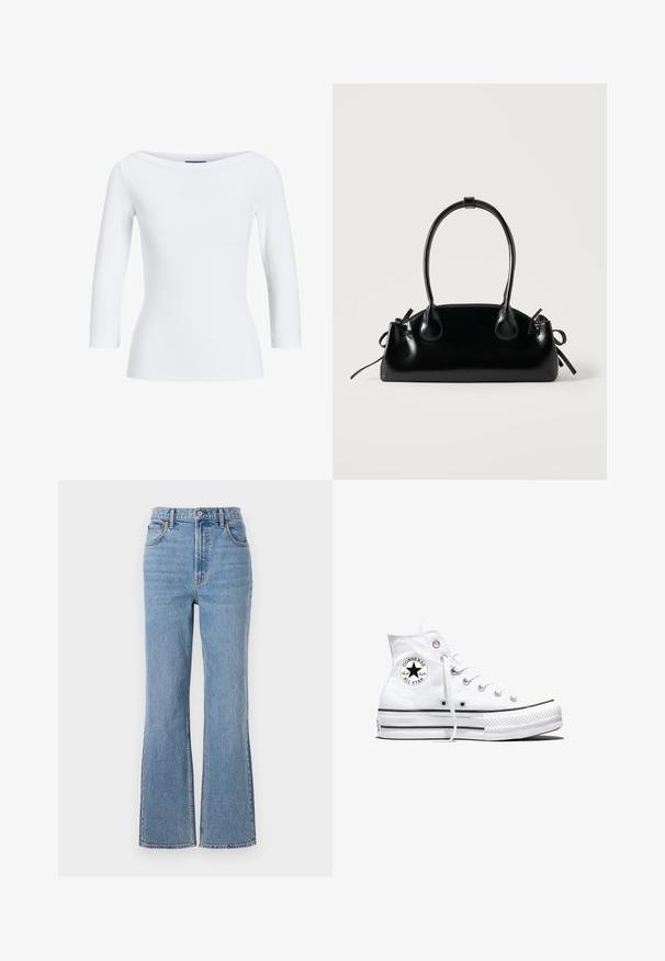 Hvid, ribbet langærmet top med bådudskæring. Stoffet er glat, tætsiddende og har en ren afslutning ved manchetterne og kanten.; Abercrombie & Fitch FRONT TO BACK TONAL STRAIGHT - Jeans Relaxed Fit - blue denim; Hvid højtop Converse Chuck Taylor All Star-sneaker med sort logo-patch og hvide snørebånd, vist på hvid baggrund.; Lille sort blank håndtaske med to lange håndtag og snøre-detaljer i siden på en ensfarvet lys baggrund.