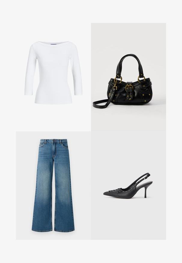Hvid, ribbet langærmet top med bådudskæring. Stoffet er glat, tætsiddende og har en ren afslutning ved manchetterne og kanten.; Bredde ben blå denimjeans med en falmet finish, fem-lomme design og standard talje med metalknap og lynlåslukning.; Sorte læder slingback stiletto med spids tå, side spændebånd, nitter langs kanten og dekorativ snøring foran.; Sort læderhåndtaske med guldbælge og nitdetaljer, korte håndtag og en justerbar skulderrem på en ensfarvet hvid baggrund.