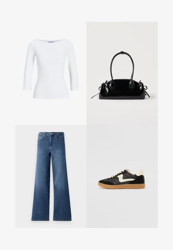 Hvid, ribbet langærmet top med bådudskæring. Stoffet er glat, tætsiddende og har en ren afslutning ved manchetterne og kanten.; Bredde ben blå denimjeans med en standard talje, forlommer og en glat tekstur. Ingen synlige mønstre eller udsmykninger.; Sorte ruskinds- og lædersneakers med en cremefarvet side-swoosh og lys cremefarvet hæl. Har beige snørebånd og en gummirubber-sål.; Lille sort blank håndtaske med to lange håndtag og snøre-detaljer i siden på en ensfarvet lys baggrund.