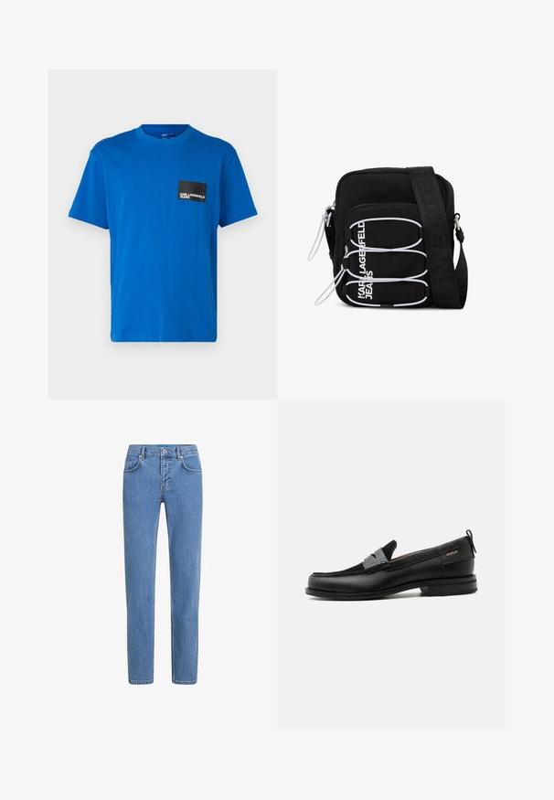 Blauwe katoenen t-shirt met een ronde halslijn, korte mouwen, met een zwarte vierkante zak met witte logotekst. Gladde textuur.; Lichtblauwe denim jeans met een recht beenontwerp, vijf zakken en een knoopsluiting. De stof heeft een gestructureerde afwerking met subtiele vervaging.; Zwarte leren loafer met grijs riemdetailelement, lage hak en gestructureerde zool, aan de zijkant gebrandmerkt met "HUGO" in goud.; Zwarte crossbodytas met witte elastische lussen, ritstrekken en witte tekst "KARL LAGERFELD JEANS" op het voorvak.