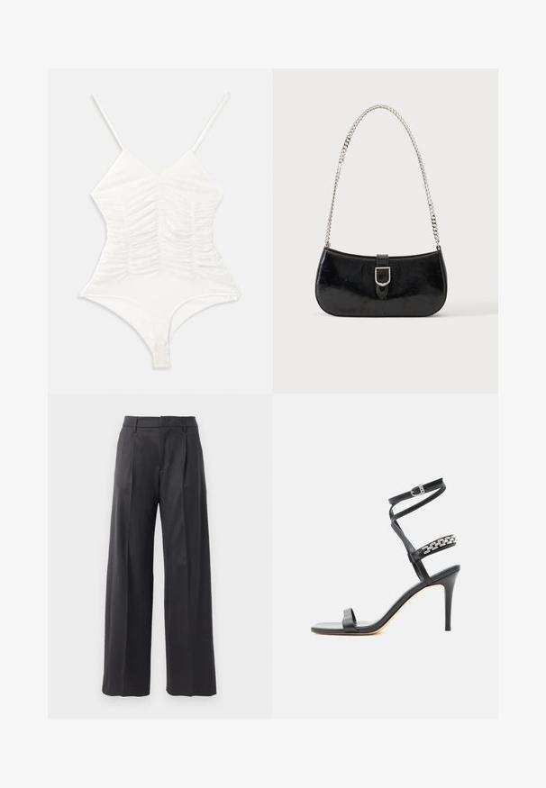 Body blanc avec bretelles réglables, décolleté en V et détail froncé à l'avant. Design ajusté avec une texture lisse et extensible.; Pantalons larges noirs avec plis, fabriqués en tissu lisse. Dispose d'une taille ajustée et de lignes épurées, parfaits pour les occasions formelles.; Sandale noire à talon haut avec fine bride à la cheville, bride médiane décorée de maillons de chaîne argentés, et design à bout ouvert.; Sac à épaule en cuir verni noir avec détail de boucle argentée et bandoulière en chaîne argentée, présenté sur un fond uni clair.