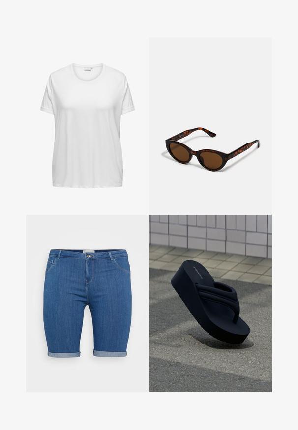 Hvid bomulds t-shirt med rund halsudskæring og korte ærmer. Løs pasform med en glat tekstur og ingen synlige mønstre eller detaljer.; Blå denimshorts med lige pasform, med oprullede kanter og traditionel fem-lomme stil. Inkluderer en frontknap og lynlåslukning.; Sort flip-flop sandal med plateau og polstrede remme, placeret i en vinkel på tekstureret underlag med flisebeklædt væg i baggrunden.; Brune skildpadde solbriller med en vintage katteøje-form og brune linser. Har buede arme med røde detaljer.