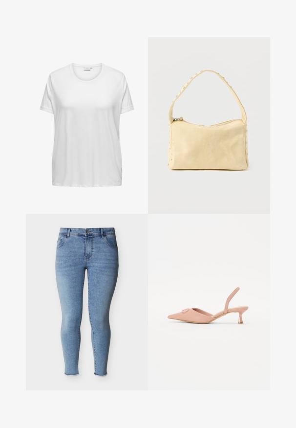 Weißes Baumwoll-T-Shirt mit rundem Halsausschnitt und kurzen Ärmeln. Lockere Passform mit glatter Textur und ohne sichtbare Muster oder Akzente.; Hellblaue Skinny-Jeans mit Vordertaschenknopf, fünf Taschen und ausgefransten Beinenden, dargestellt vor weißem Hintergrund.; Rosa Slingback-Schuh mit spitzem Zehenbereich, minimalistischem Design, kleinem Absatz und einer dekorativen Schleife vorne. Hergestellt aus glattem Material.; Kleine beige Ledertasche mit einem einzigen Riemen und silbernen Nieten entlang der Kanten und des Riemens, vor einem schlichten Hintergrund.