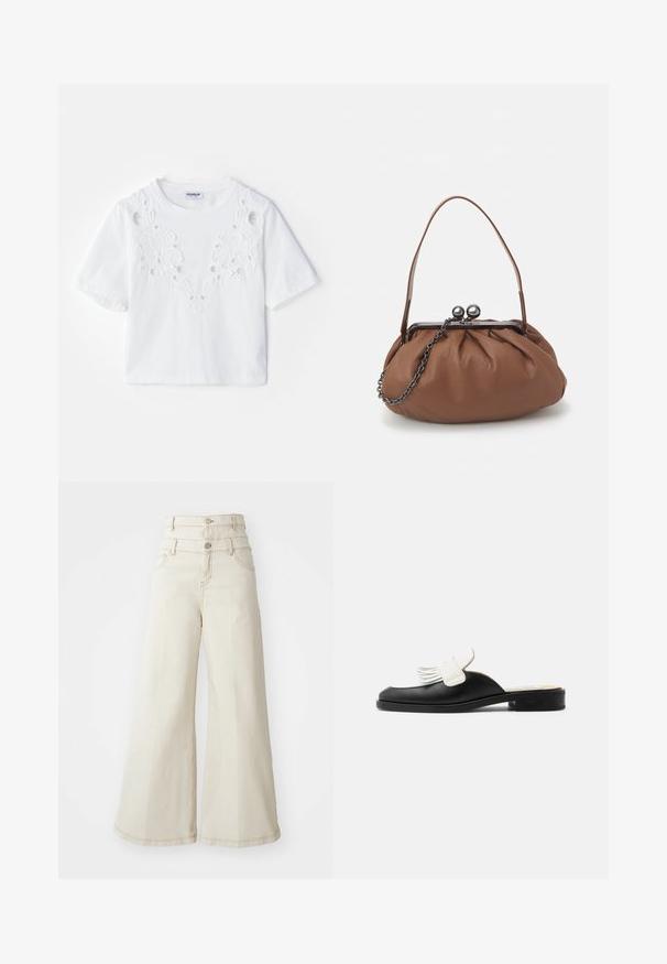 T-shirt blanc à manches courtes avec un motif floral brodé et des découpes à l'avant. Fabriqué en tissu doux, avec un col rond.; Jeans beige à jambes larges avec taille haute, dotés de deux fermetures à bouton et de poches avant. Fabriqués en tissu coton texturé.; Mule en cuir noir avec petit talon et détail à franges blanches sur le dessus, style glissé.; Sac à main en cuir marron avec un design plissé, une courte poignée en cuir et une bandoulière en chaîne. Présente un fermoir en métal argenté avec deux accents ronds.