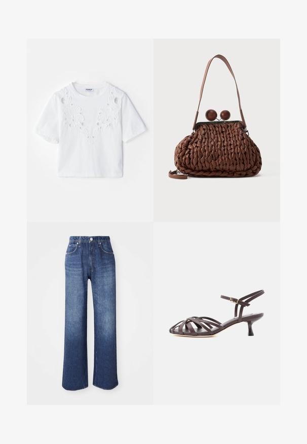 T-shirt blanc à manches courtes avec un motif floral brodé et des découpes à l'avant. Fabriqué en tissu doux, avec un col rond.; Jean en denim bleu à jambes larges, avec une taille haute, cinq poches et une fermeture à bouton en métal. Le tissu a une texture lisse avec un léger dégradé.; Sandale à talon kitten en cuir marron foncé avec lanières et bride de cheville réglable à boucle sur fond blanc.; Sac à main en cuir tressé marron avec une seule bandoulière et deux grandes fermetures rondes en bois sur le dessus.