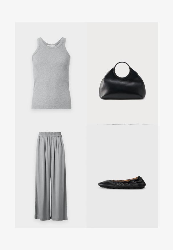 Camiseta de tirantes gris con textura acanalada, escote redondo y tirantes anchos. La tela tiene una textura suave y una silueta ajustada.; Pantalones de pierna ancha en gris claro con cintura elástica y pliegues sutiles, mostrados extendidos sobre un fondo blanco.; Bailarina de cuero negro con detalles fruncidos en el cuello, punta redondeada y suela de goma flexible. Textura suave en toda su superficie.; Bolso de cuero negro con forma redondeada y asa superior circular envuelta en costura de cuero a juego.
