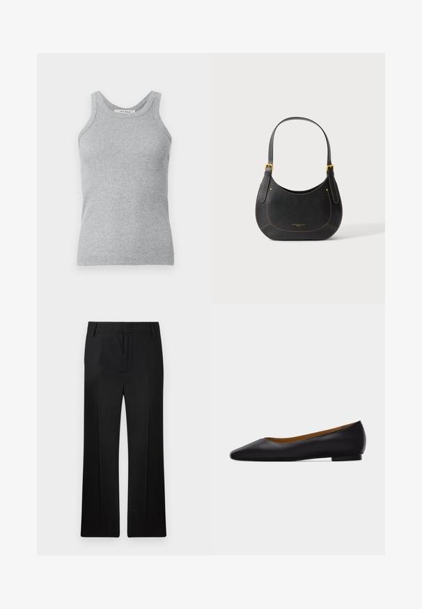 Grå ribbet tanktop med rund halsudskæring og brede skulderstropper. Stoffet har en blød tekstur og en tætsiddende silhuet.; Sorte bukser, lige ben design, lavet af glat stof. Har subtile frontfolder og en flad talje med bæltesløjfer.; Sort læder flad sko med spids tå, lav hæl og glat finish, vist fra siden på en lysegrå baggrund.; Sort skuldertaske i prikket læder med buet form, guldfarvede spænder, kontrastsyning og lille guld logo fra mærket på forsiden i midten.
