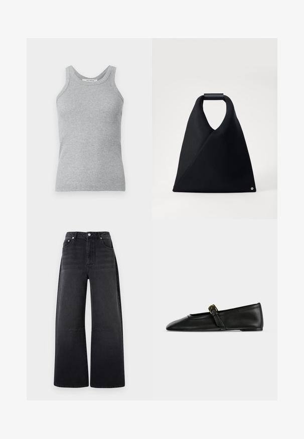 Débardeur gris à côtes avec un col rond et des bretelles larges. Le tissu a une texture douce et une silhouette ajustée.; Jean denim noir à jambes larges avec taille haute, bouton et fermeture éclair à l'avant, et design à cinq poches sur fond blanc.; Chaussure plate Mary Jane en cuir noir à bout pointu avec une fine bride munie d'une petite boucle dorée, présentée de côté sur un fond uni.; Sac fourre-tout noir en forme triangulaire, en tissu texturé, avec une poignée arrondie et un petit détail décoratif en bas.
