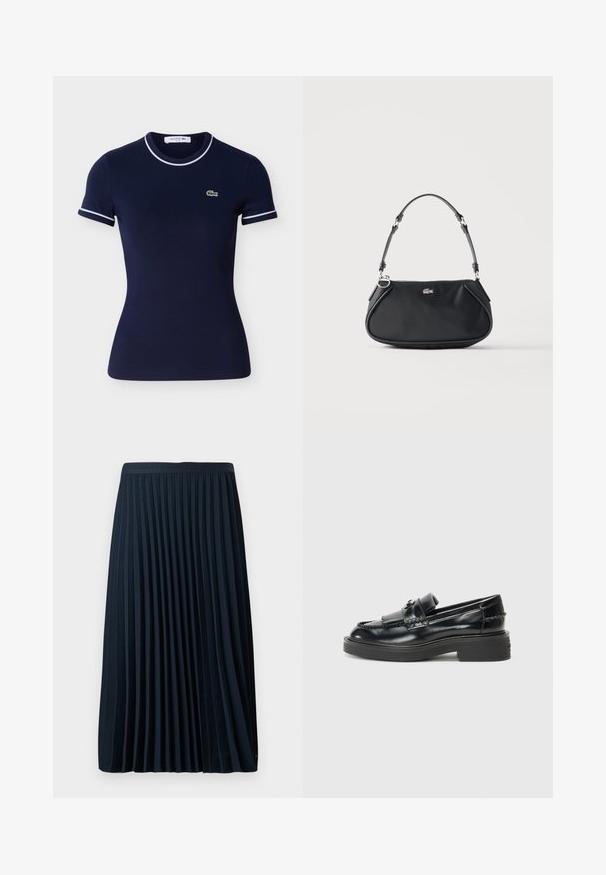 Marineblå bomulds-T-shirt med korte ærmer, der har hvid kant langs kraven og ærmerne samt en lille grøn Lacoste-logo.; Fryse navy nederdel med en struktureret talje, lavet af et glat stof, med jævnt fordelt lodrette frynser og en længde til midt på læggen.; Sorte læder loafers med en flad, kraftig sål, der har et syet design og en hævet, foldet rem foran. Glat, glansfuld finish.; Sort skuldertaske med justerbar rem, lynlås og lille sølv krokodille logo foran i midten.