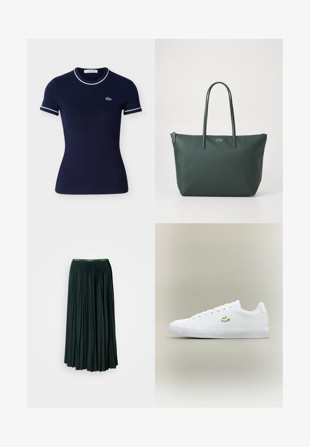 T-shirt en coton bleu marine à manches courtes, avec bordures blanches sur le col et les manches, et un petit logo Lacoste vert.; Jupe longue plissée de couleur vert foncé avec une large ceinture arborant le nom de la marque "LACOSTE" en lettres vertes contrastantes.; Baskets blanches en cuir lisse avec un embout arrondi, des lacets plats et un petit logo doré. Présente une semelle en caoutchouc texturée et un design sobre.; Sac fourre-tout vert foncé en matériau texturé avec deux longues poignées, comportant un petit logo à l'avant et une fermeture éclair.
