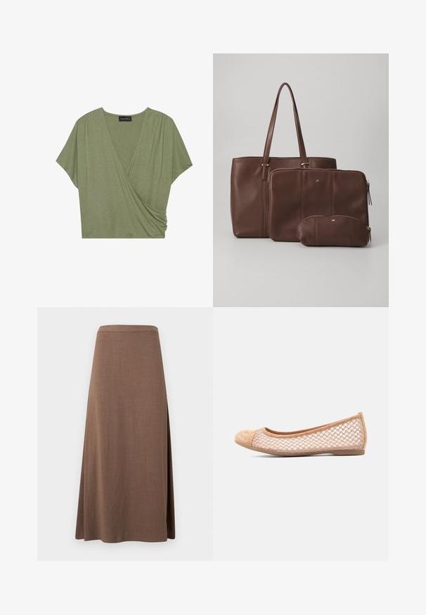 Korte mouwen, olijfgroene wikkeltop gemaakt van zachte, lichte stof met een V-hals en geplooide zijdetails.; Bruine, hoge taille, A-lijn midi-rok met een gladde stoffen textuur en een zijscheiding, weergegeven tegen een effen achtergrond.; Beige platte schoen met zijden van gaas en een stevige neuskap, lage zool, ontworpen voor casual gebruik.; Bruine leren schoudertas met twee bijpassende pouches; de tas heeft lange hengsels, terwijl de pouches met rits zijn en in verschillende maten komen. Gouden accenten zijn inbegrepen.